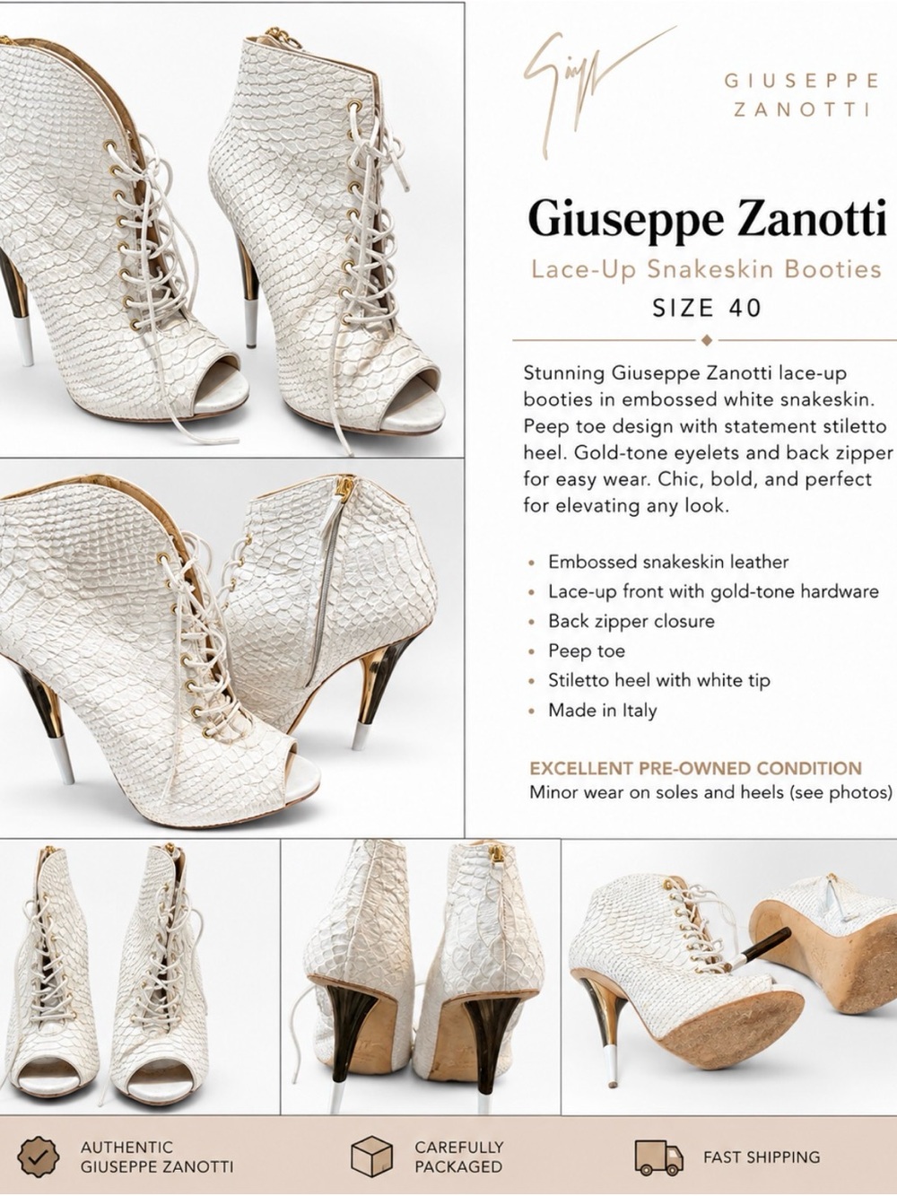 Giuseppe Zanotti White Textured Stiletto Ankle Boots with Black Heels